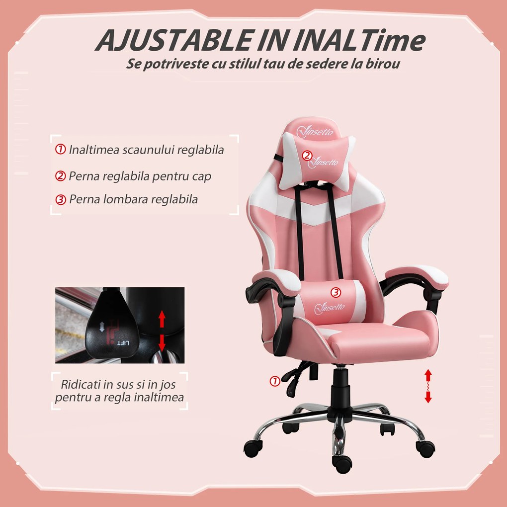 Vinsetto Scaun Gaming Ergonomic Roz, cu Tetieră, Înălțime Ajustabilă, Rabatabil, 63x67x119-127cm, Confort Maxim | Aosom Romania