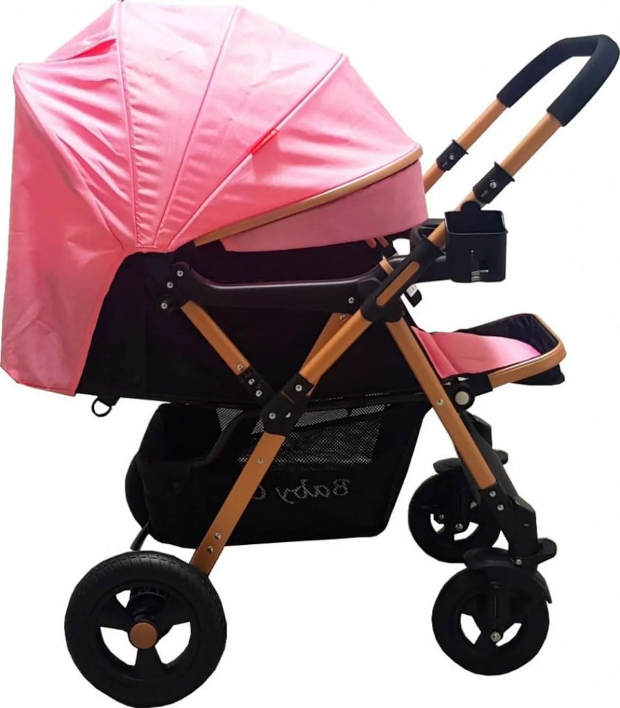 Carucior nou nascuti 2 in 1 BABY CARE™ PRO 511, Cadru aluminiu, Maner reversibil, Spatar reglabil in 5 trepte, Amortizoare, Frana picior, Pliabil, Roz