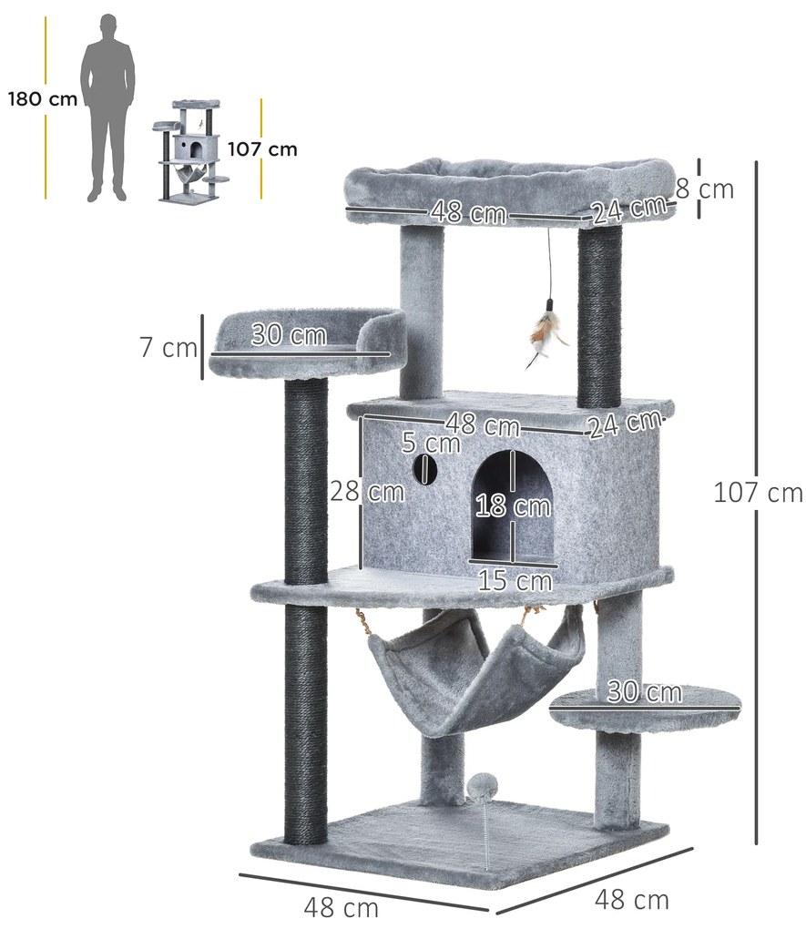 PawHut Arbore Răzuitoare pentru Pisici 48x48x107 cm Turn pentru Pisici cu Cavernă de Fetru Demontabilă Hamacă Paturi Platforme Gri | Aosom Romania