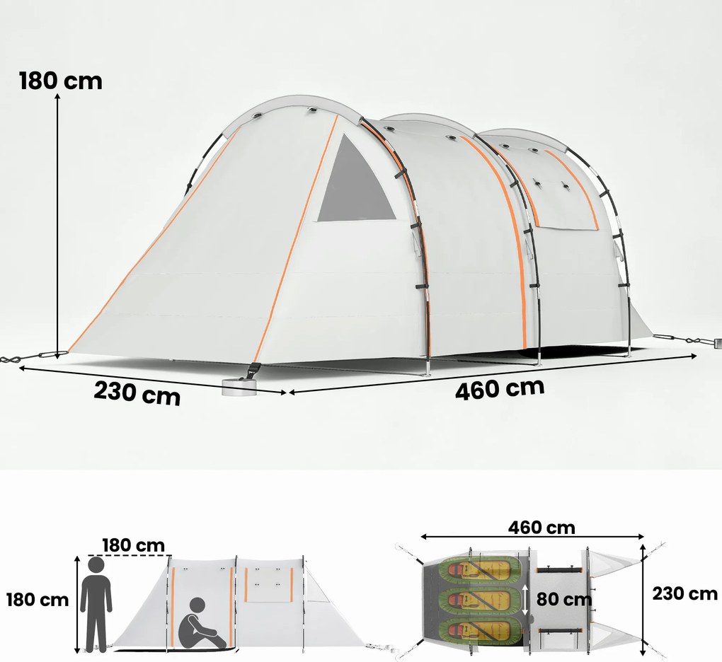 Outsunny Cort de Camping pentru 4-5 Persoane cu Capac Blackout, Cort Tunel Impermeabil cu Geantă de Transport, 460x230x180 cm, Kaki | Aosom Romania