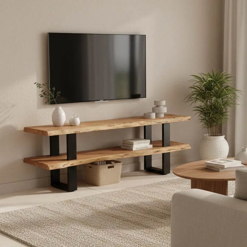 Comoda TV Fuzira din lemn masiv de acacia, cu picioare metalice negre, 140 x 40 x 52 cm