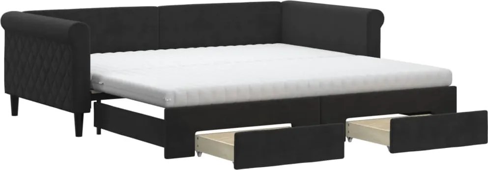 vidaXL Pat de zi cu extensie și sertare, negru, 100x200 cm, catifea