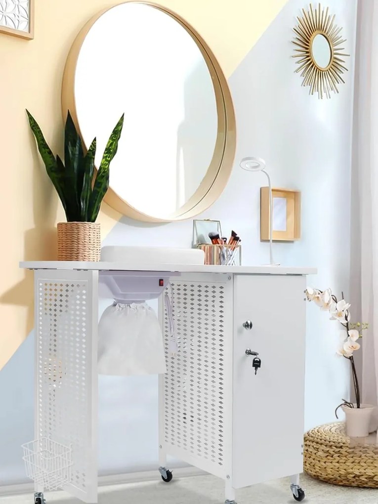 MANIA1 - Masuta manichiura, 90 cm, cu aspirator incorporat, perna maini si lampa LED, masa cosmetica - Alb/ Negru / Negru-Auriu