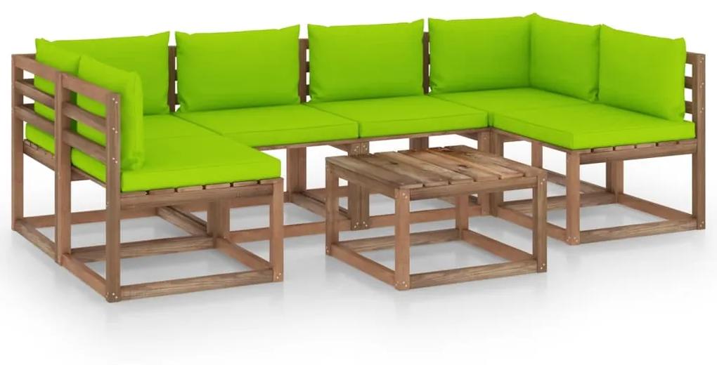 Set mobilier gradina paleti cu perne, 7 piese, lemn pin tratat verde aprins, 2x colt + 4x mijloc + masa, 1