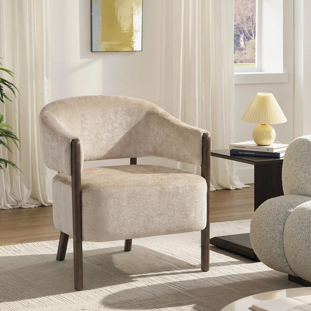 HOMCOM Fotoliu Elegante Tapițat cu Catifea Chenille și Cadru din Lemn Masiv, Fotoliu Modern pentru Living și Dormitor, Bej | Aosom Romania