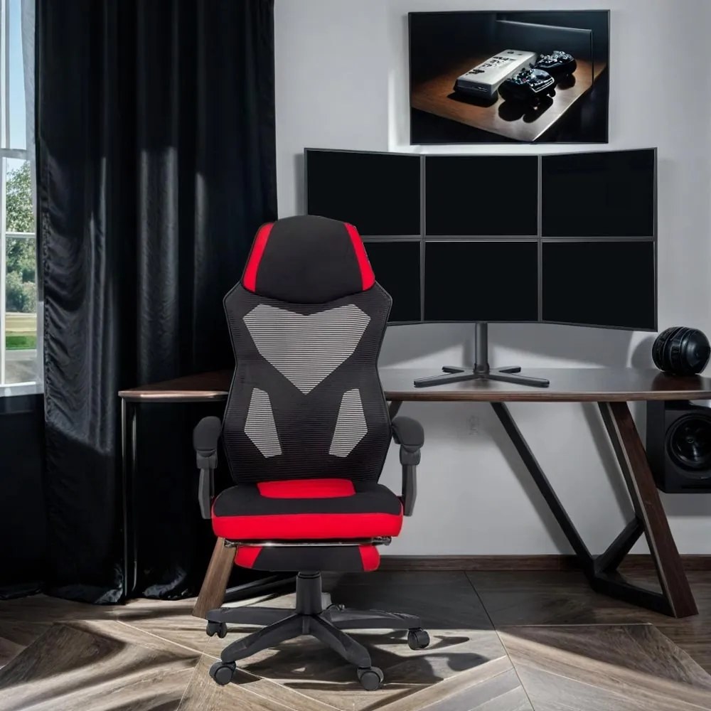 Scaun gaming rosu din mesh cu spatar rabatabil si suport picioare OFF 304