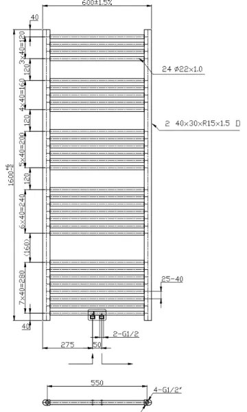 Novaservis - Radiator de baie tip scară, 544 W, 230 V, 160 x 60 cm, crom lucios, drept