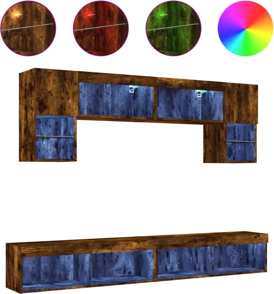 vidaXL Unități de perete TV cu LED-uri, 6 piese, stejar fumuriu, lemn