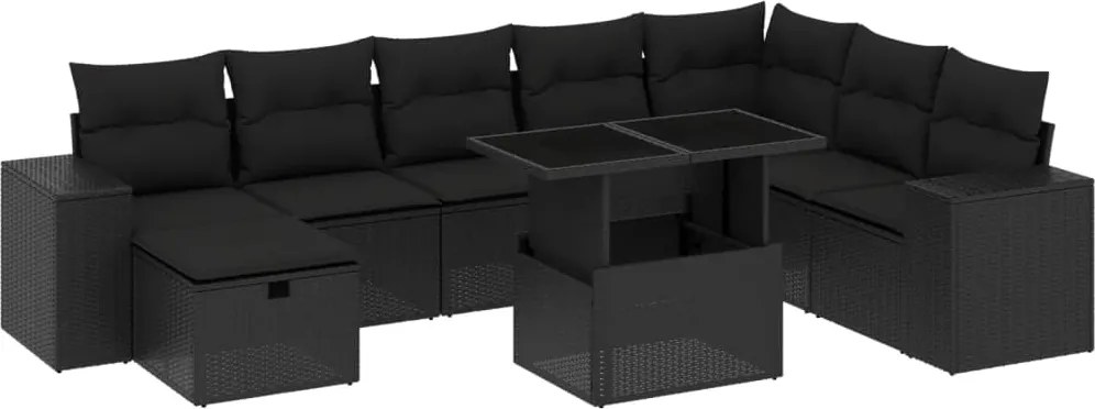 vidaXL Set mobilier de grădină cu perne, 9 piese, negru, poliratan