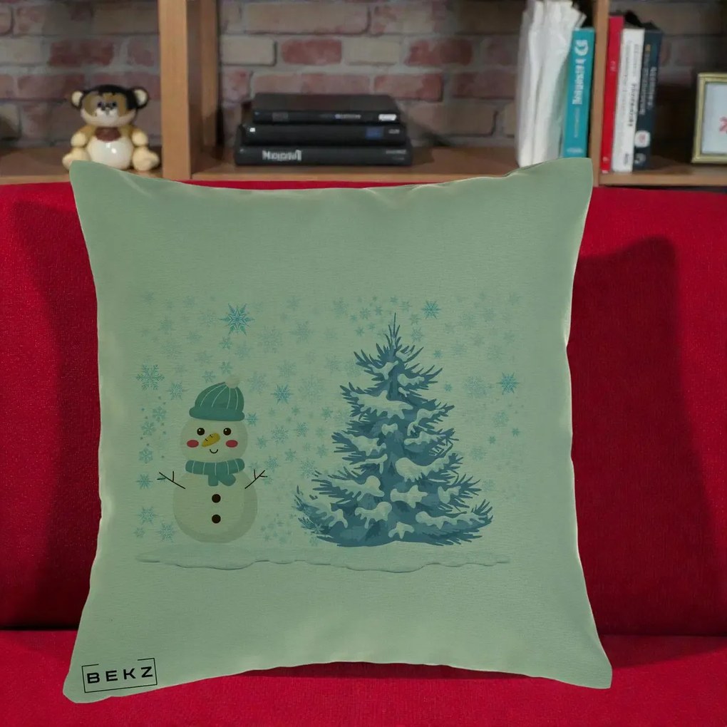 Perna Decorativa Om de Zapada si Brad Craciun, 40x40 cm, Verde, Husa Detasabila, Perna Inclusa, BEKZ®
