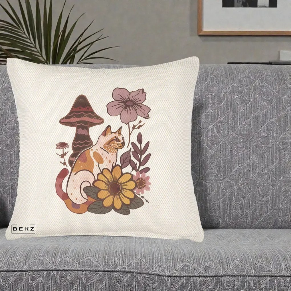 Perna Decorativa Pisica Vintage Florala Boho, 40x40 cm, Crem Reliefat, Husa Detasabila, Perna Inclusa, BEKZ®