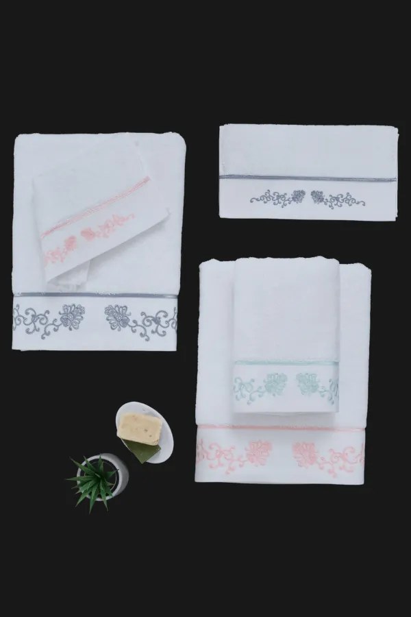 Set cadou prosoape și prosoape de corp DIARA, 3 buc Alb – Broderie gri