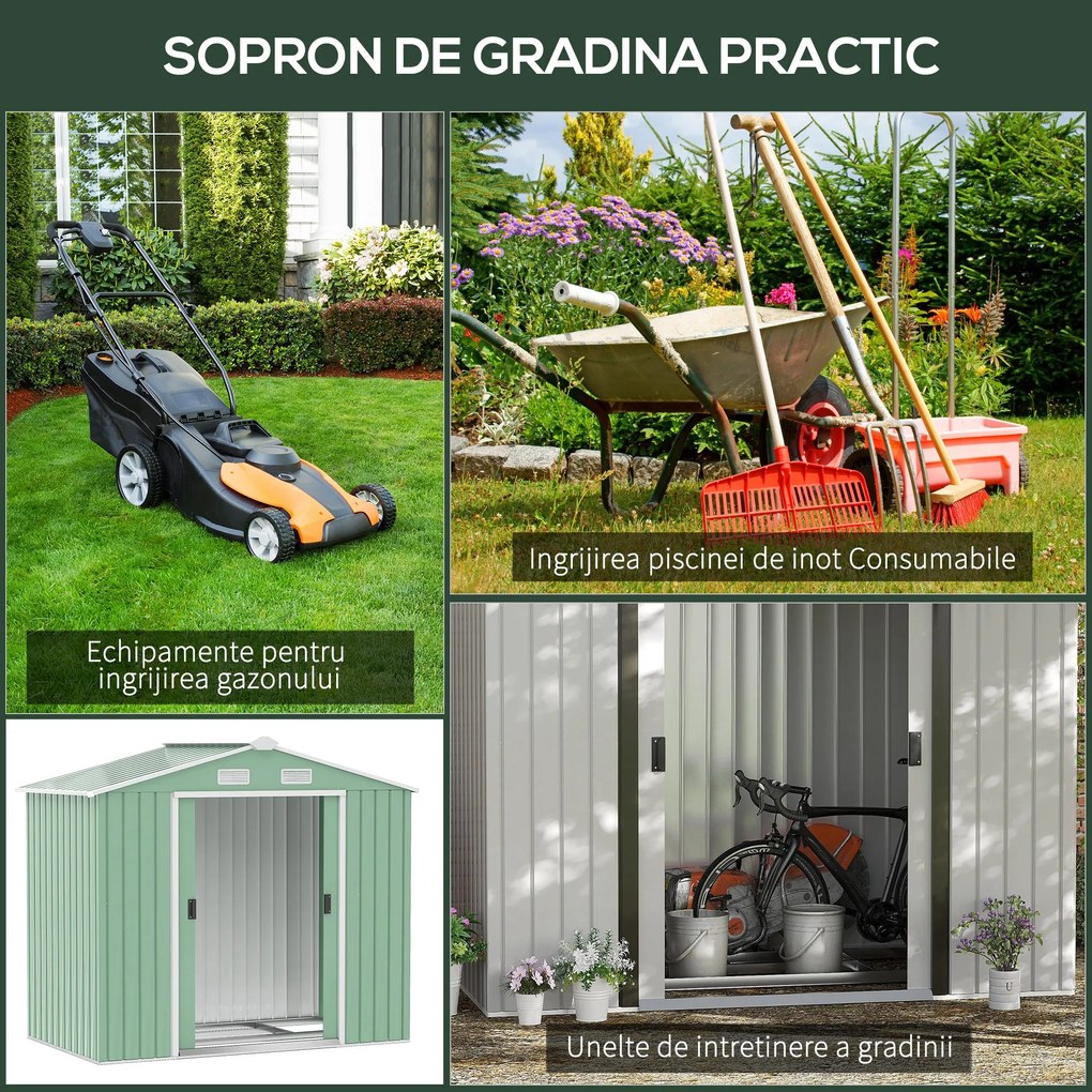 Outsunny Sopron de Gradina pentru Depozitare Unelte, 213x130x185cm, Verde Deschis