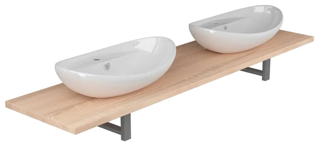 279388 vidaXL Set mobilier de baie din trei piese, stejar, ceramică