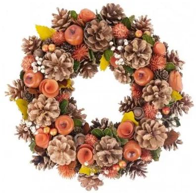 Decoratiune iarna, coroana cu conuri de brad, portocaliu, 33 cm