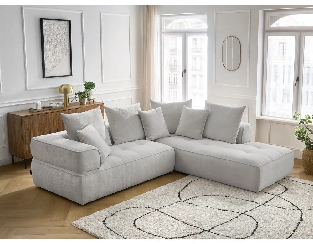 Colțar gri deschis cu tapițerie din chenille (cu colț pe partea dreaptă/în formă de ”L”) Whesley – Bobochic Paris