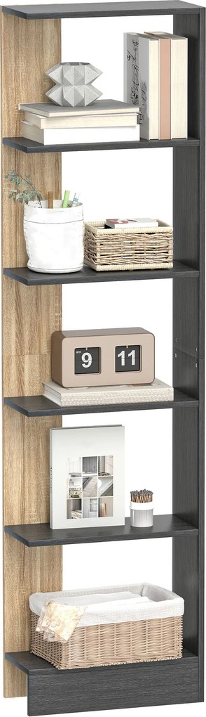 HOMCOM Bibliotecă Modernă cu 5 Rafturi din Lemn, 45 x 21 x 170 cm, Negru, Stejar | Aosom Romania