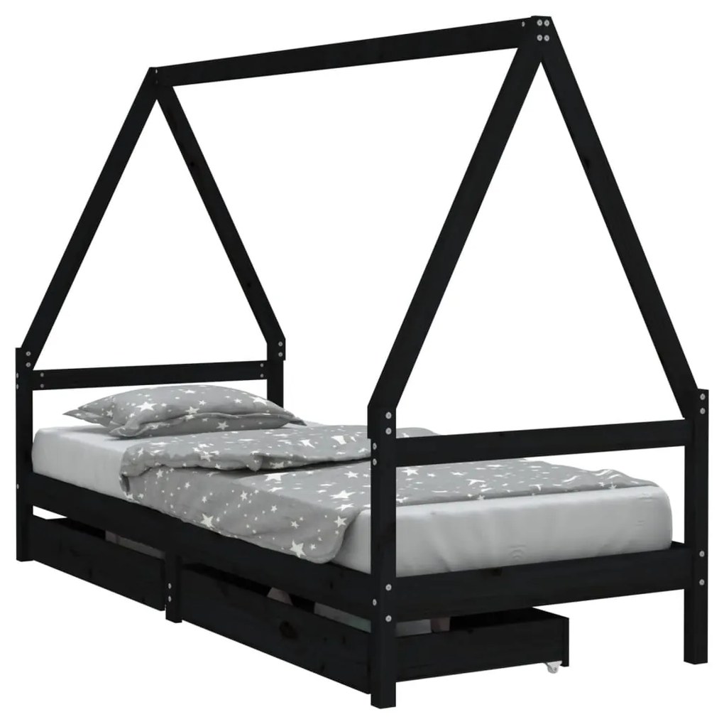 834470 vidaXL Cadru de pat copii cu sertare, negru, 90x200 cm, lemn masiv pin