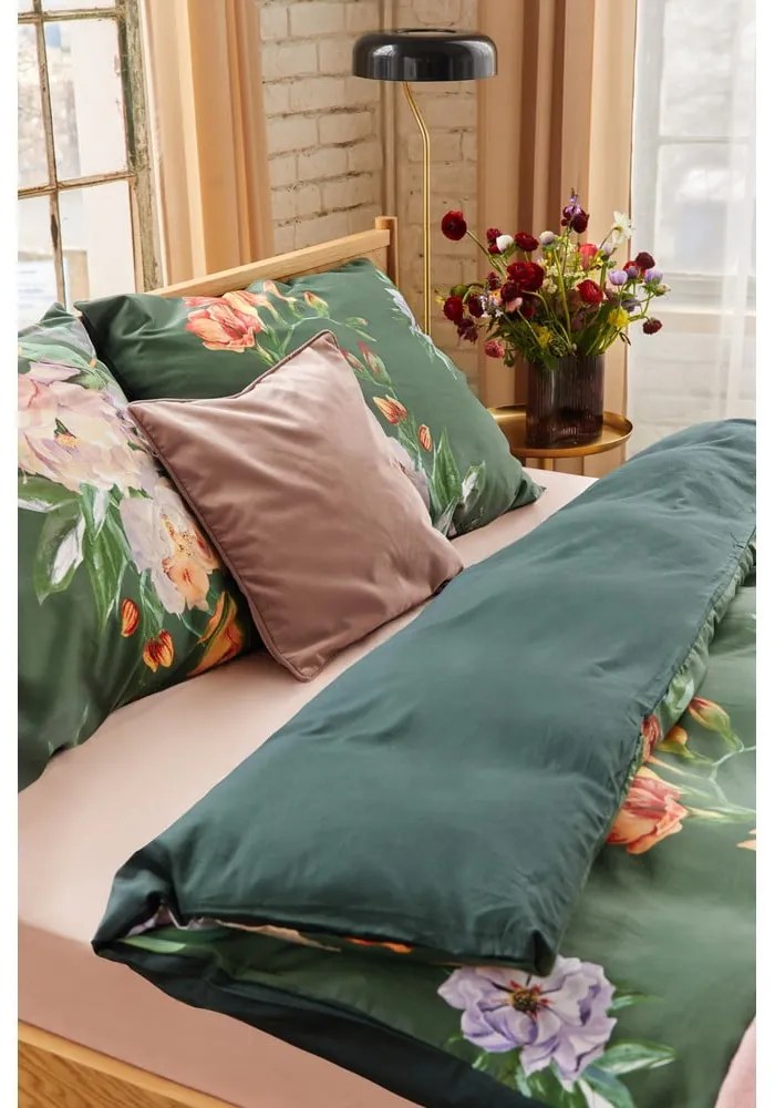 Lenjerie de pat din bumbac satinat pentru pat dublu Bonami Selection Floret, 200 x 200 cm, verde închis