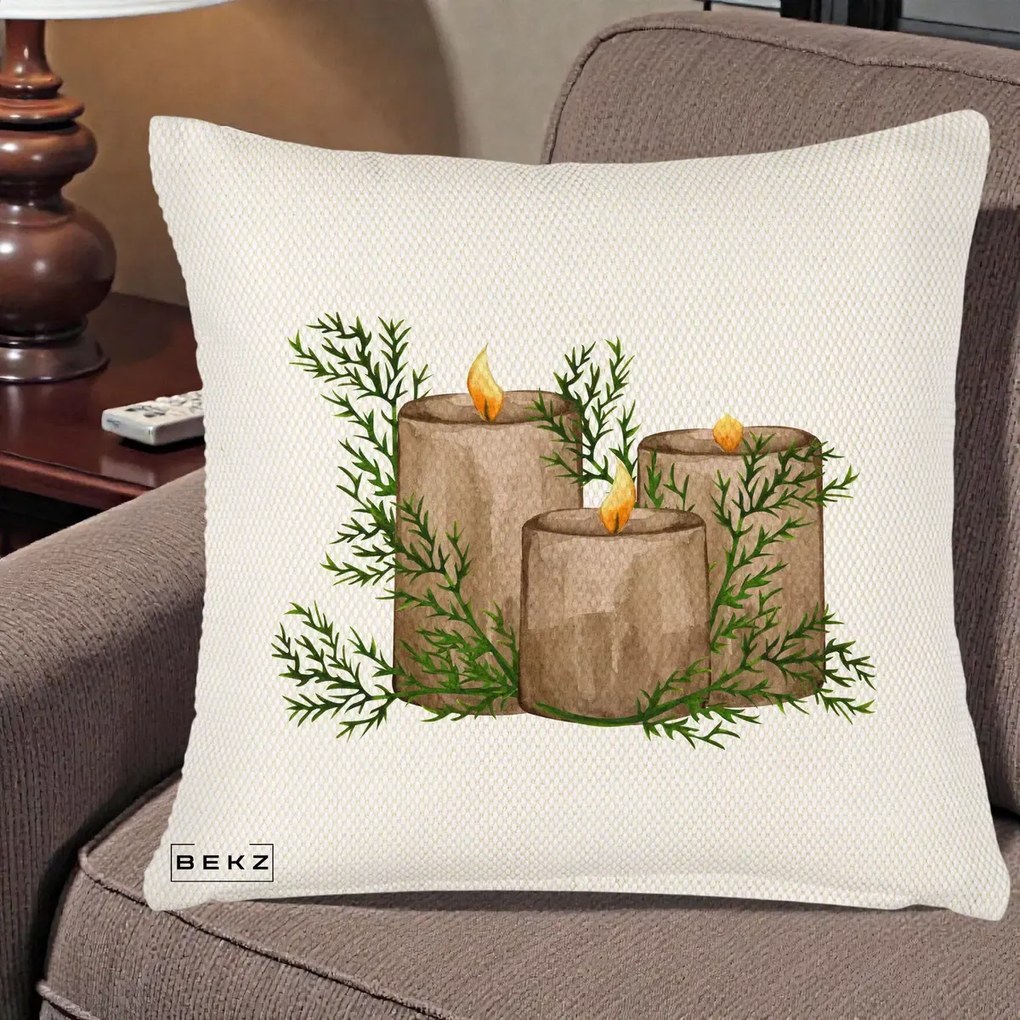 Perna Decorativa Lumanari Rustice cu Crengute Brad, 40x40 cm, Crem Reliefat, Husa Detasabila, Perna Inclusa, BEKZ®