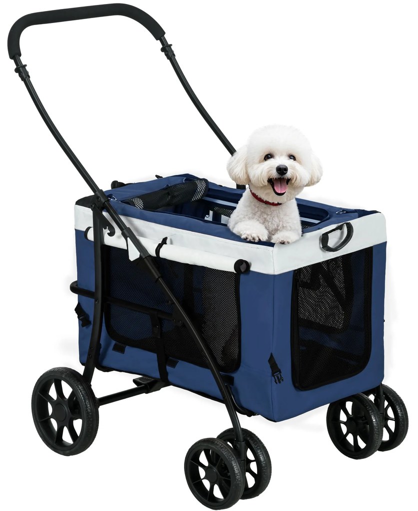 Cărucior pentru câini și pisici PawHut, pliabil, cu container detasabil, 81 x 58 x 97,5 cm, Negru + Albastru + Alb | Aosom Romania