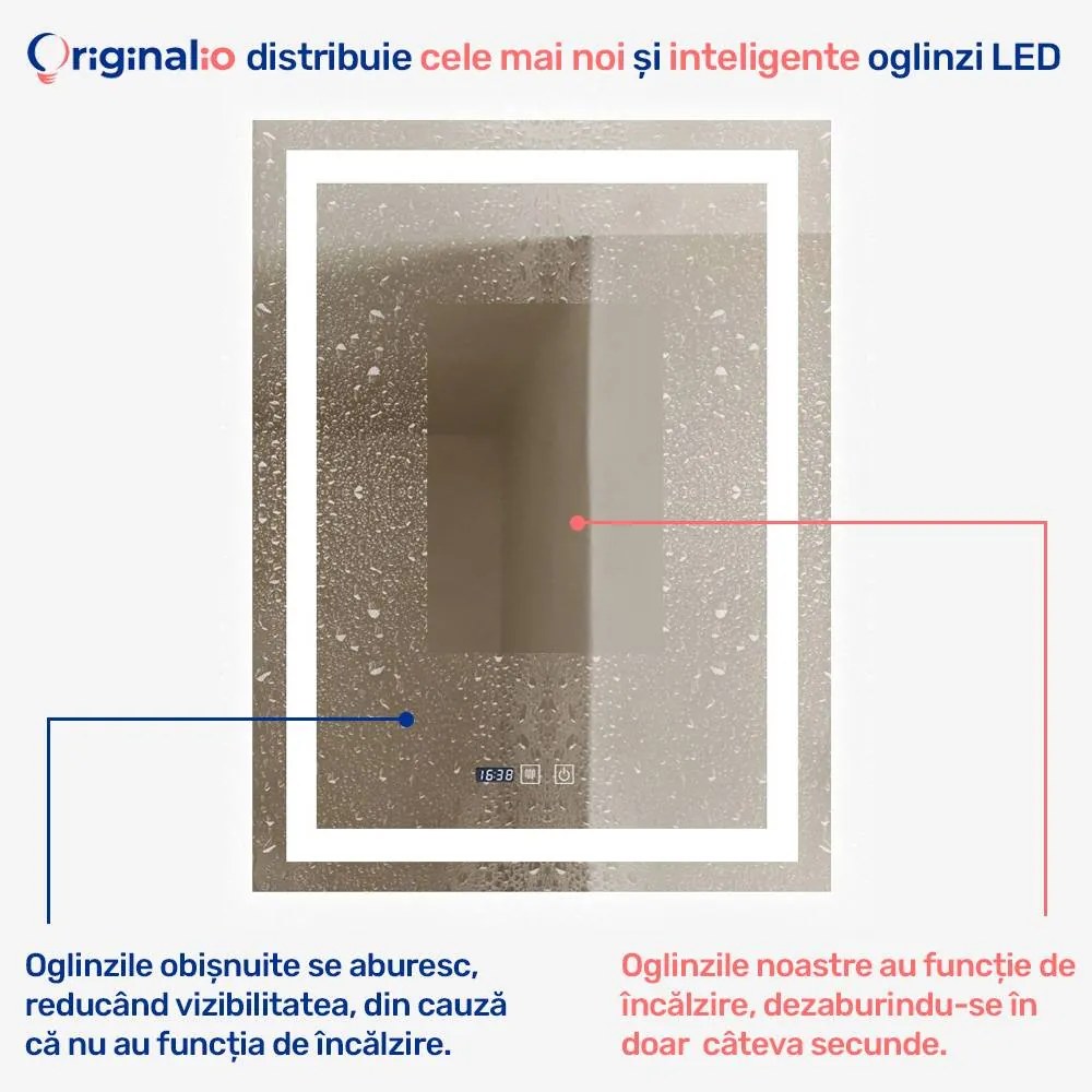 Oglindă LED Dreptunghiulară (60x80 cm), 3 Moduri Iluminare (Lumină Rece, Naturală, Caldă), Intensitate Reglabilă, Funcție Dezaburire, Ceas (Timer) și Termometru, Control Tactil (Touch)