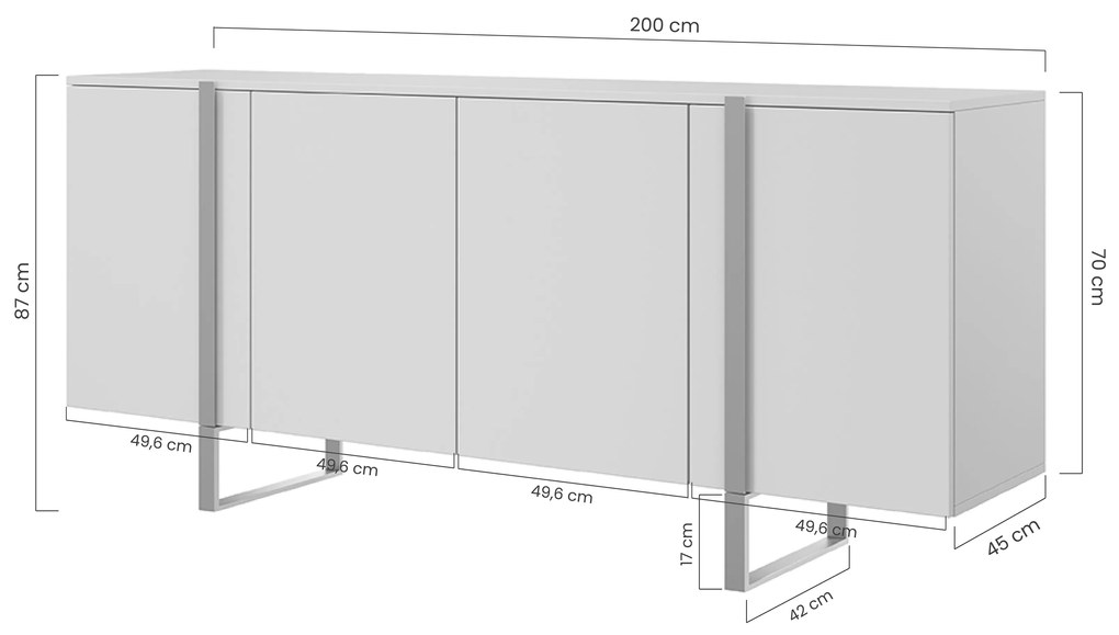 Comodă Verica 200 cm - cărbune / picioare negre