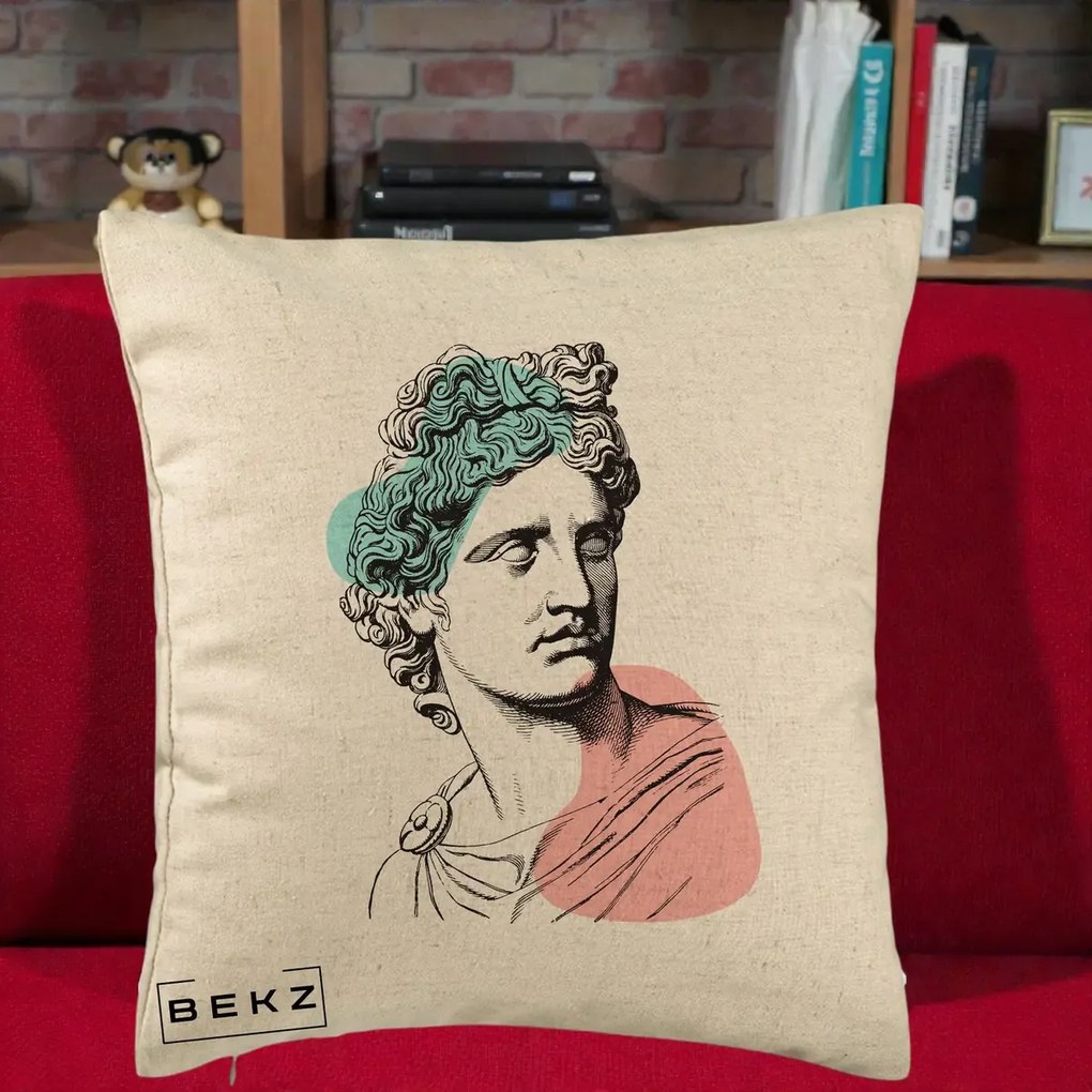 Perna Decorativa Bust Grec Vaporwave, 40x40 cm, Bej, Husa Detasabila, Perna Inclusa, BEKZ®
