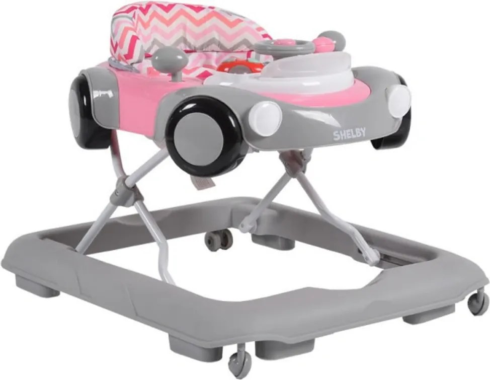 Premergator Reglabil in 3 Trepte NOVOKIDS™ Shelby Mini Car , Roti silentioase, Pliabil, 8 Roti, Cu Melodii si volan, Model Masinuta, Roz