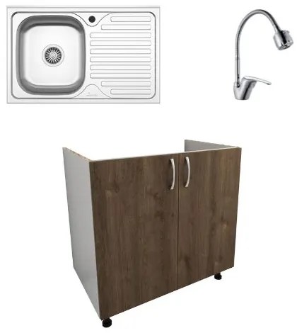 Set Masca Chiuveta Karo, Stejar Bronz/Alb, 80 x 50 x 80 cm, Chiuveta Inox, Cuva stanga, Baterie Flexibila