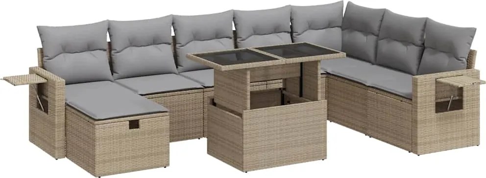 vidaXL Set canapele de grădină, 9 piese, cu perne, bej, poliratan