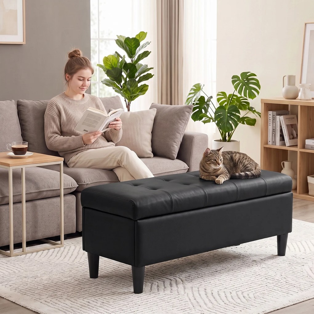 HOMCOM Bancă cu depozitare 136 L, taburet cu ladă 110x41x42 cm, piele ecologică pet-friendly, negru | Aosom Romania