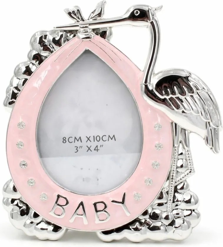 Ramă Foto BABY Barză Roz AZAY cu Cristale, 8x10 cm, Ramă Foto Nou-Născut, Cadou Botez Fetiță, Cutie Cadou Inclusă