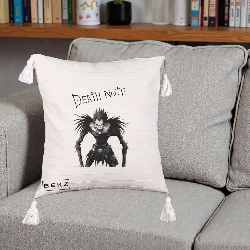 Perna Personalizata Death Note Ryuk Shinigami Alb-Negru, 40x40 cm, Bej cu Franjuri, Husa Detasabila, Perna Inclusa, BEKZ®