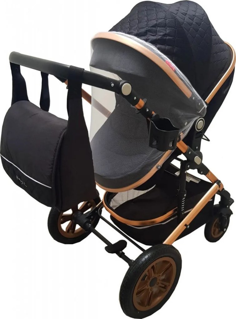 Carucior nou nascuti 3 in 1 Baby Care™ PRO 530 ,Cu geanta bebe, Cadru Aluminiu Gold, Amortizoare, Roti din cauciuc plin AVE, Landou, Scoica auto,