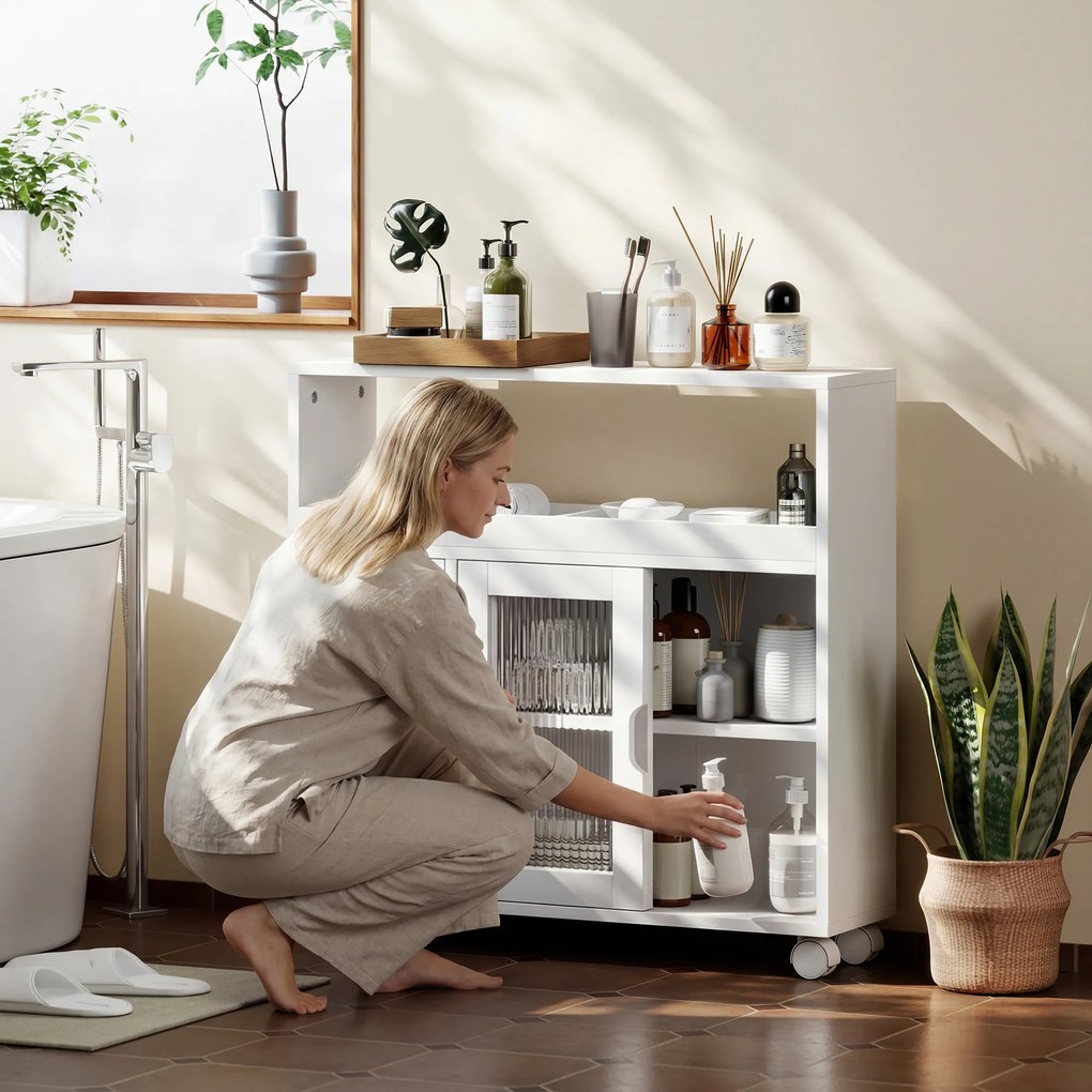 HOMCOM Dulap de Baie cu Roți, Raft Reglabil, Ușă Glisantă din Sticlă Călită, Alb | Aosom Romania