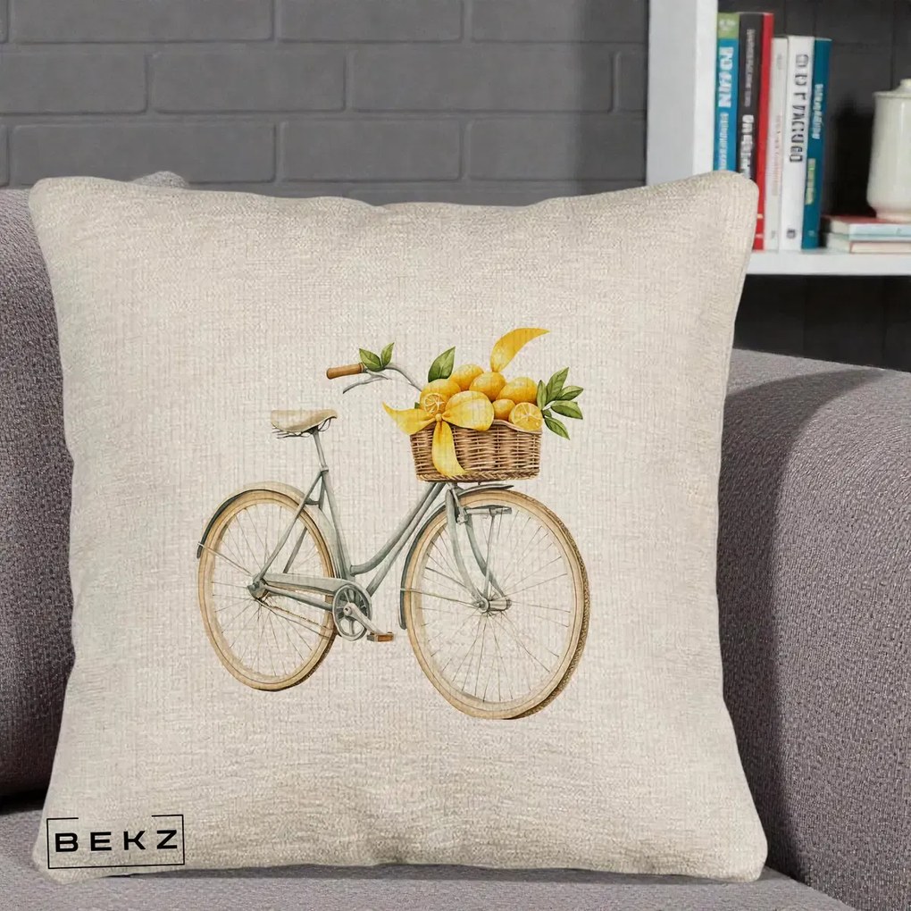 Perna Decorativa Bicicleta cu Cos de Lamai Mediteranean, 40x40 cm, Bej Canapea, Husa Detasabila, Perna Inclusa, BEKZ®
