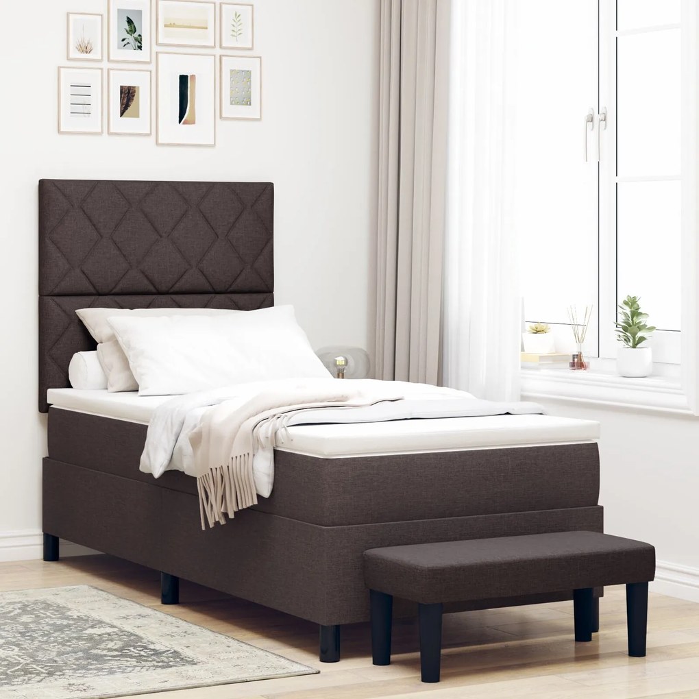 vidaXL Pat cu arcuri cu saltea și bancă maro închis 90x200 cm țesătură