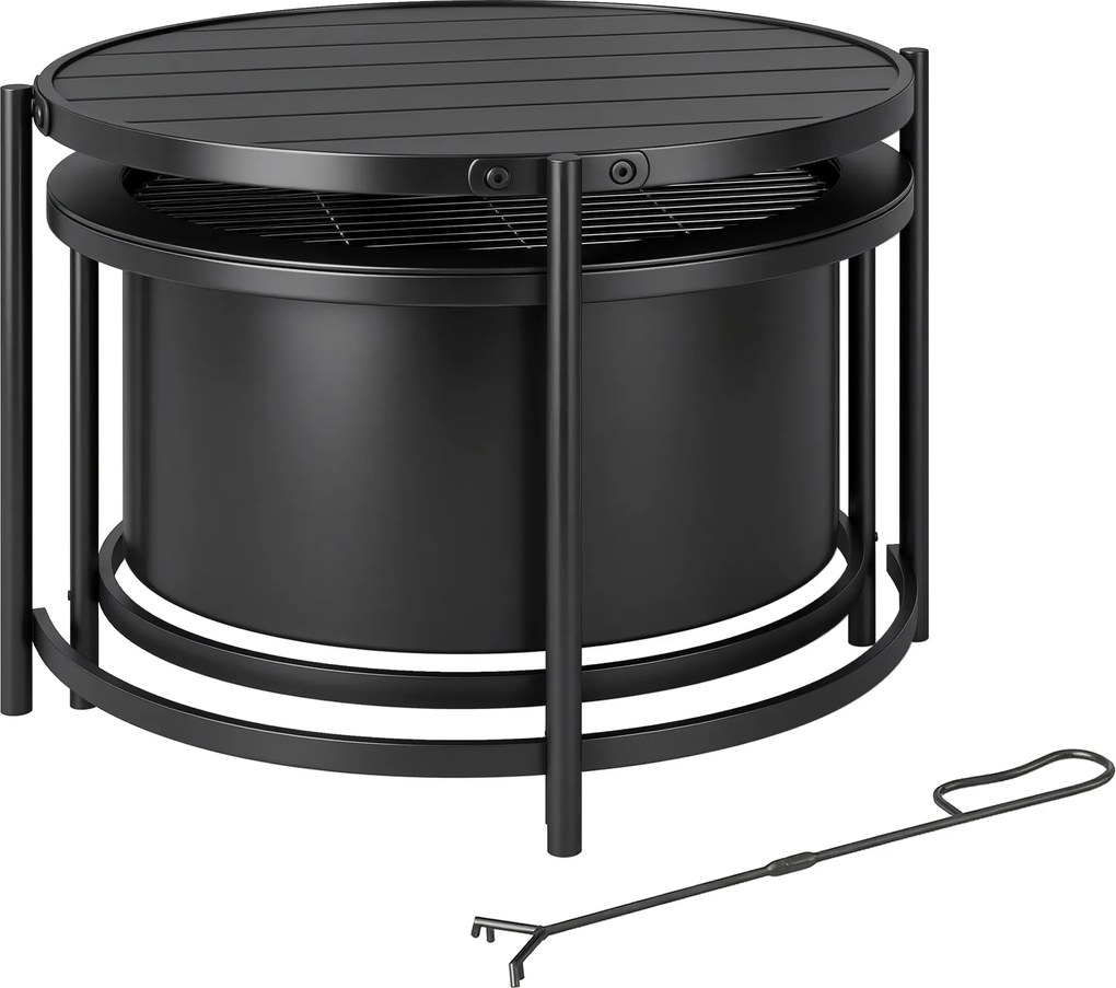 Outsunny Focar 66 x 63 x 41 cm Rotund loc de foc cu grătar, cârlig, capac, suport Negru | Aosom Romania