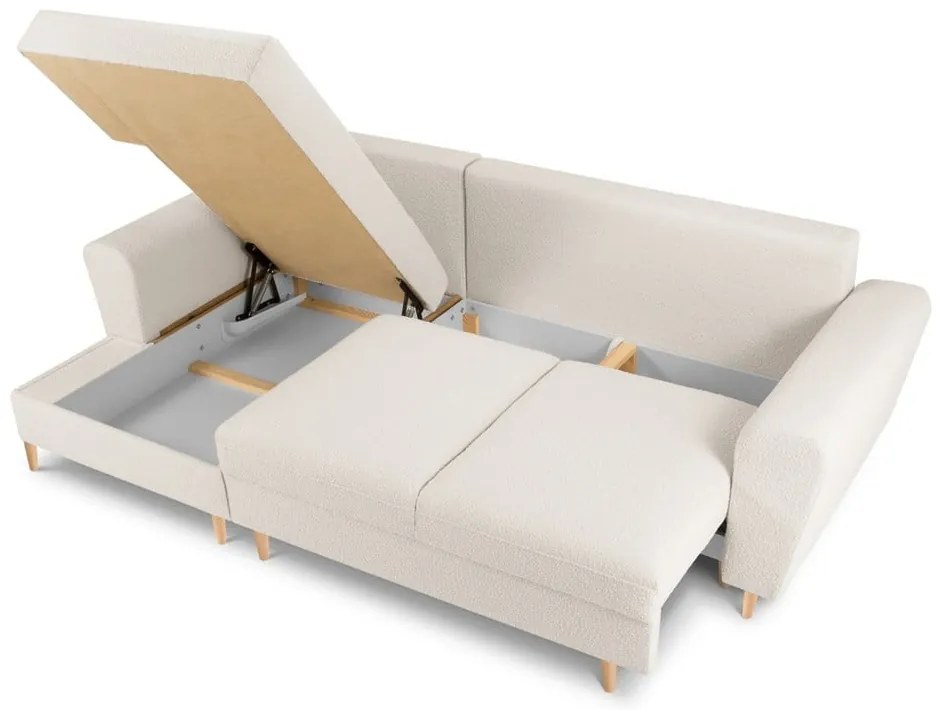 Colțar bej extensibil, cu spațiu de depozitare cu tapițerie din țesătură bouclé (cu colț pe partea stângă, cu șezlong) Kyoto – Cosmopolitan Design