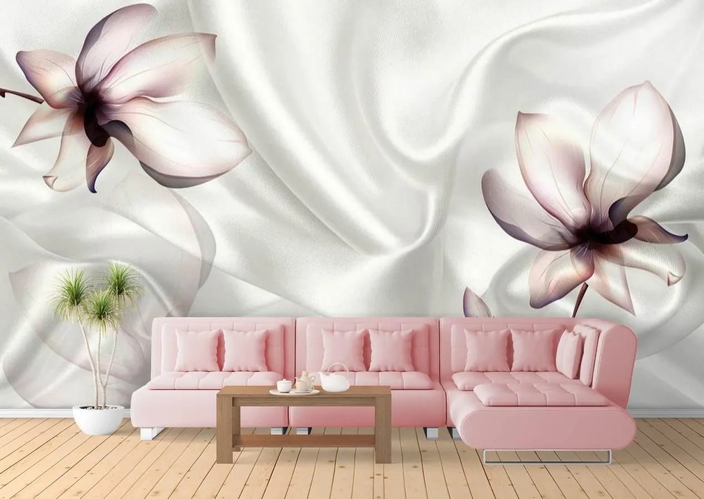 Fototapet 3D, Flori roz si un fundal alb de matase Art.05132