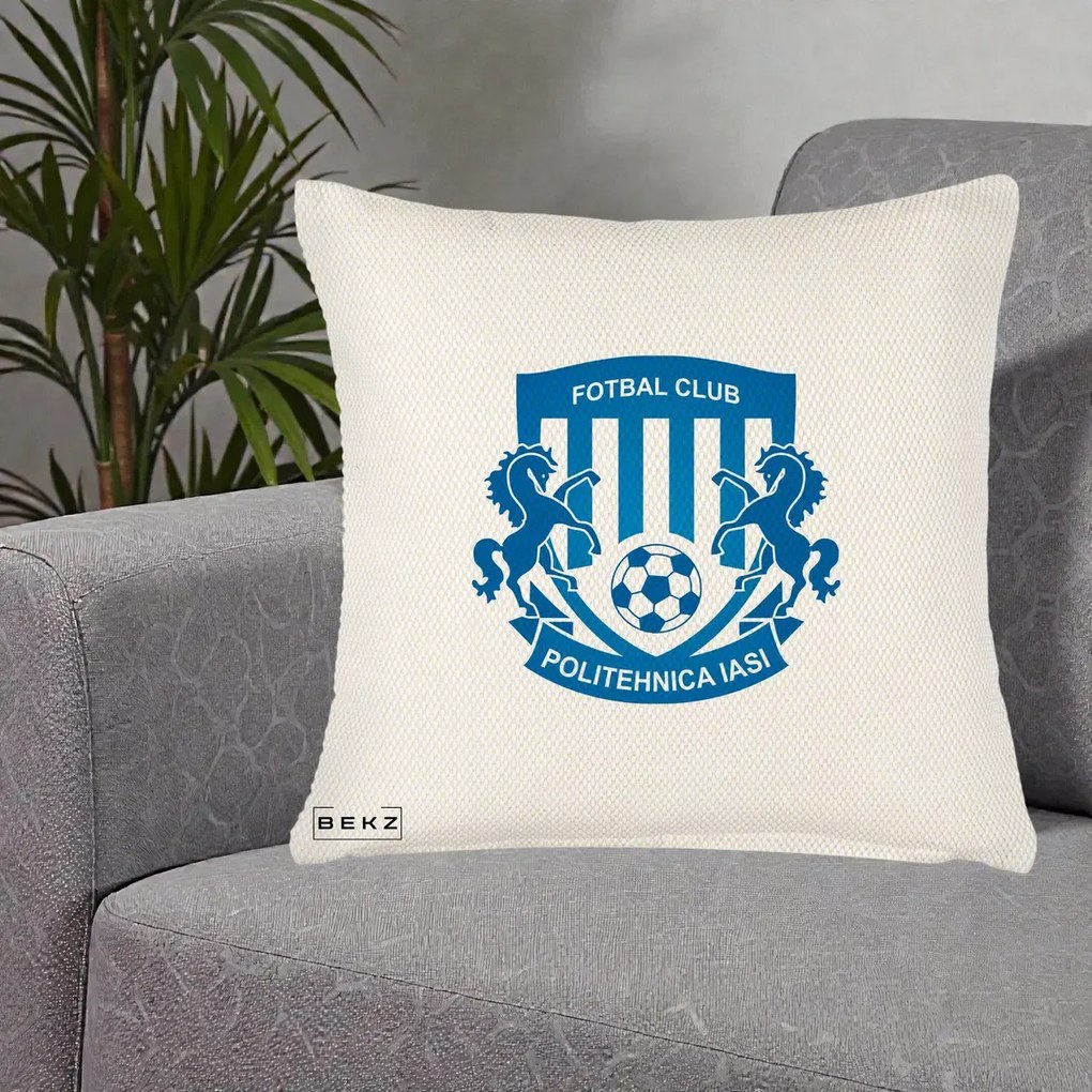 Perna Personalizata FC Politehnica Iasi Fotbal, 40x40 cm, Crem Reliefat, Husa Detasabila, Perna Inclusa, BEKZ®
