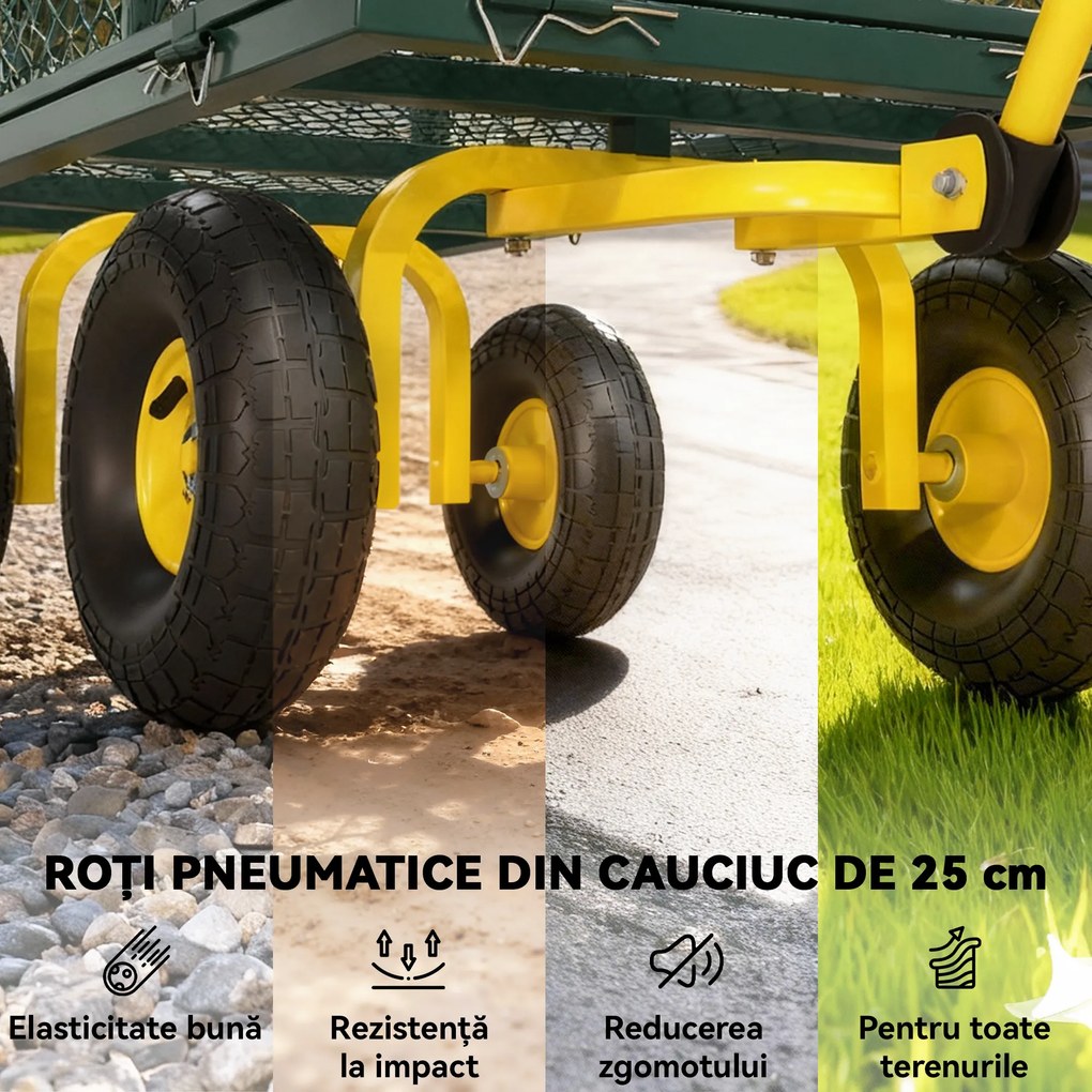 Outsunny Cărucior de Grădină Robust, Remorcă din Oțel cu Pereți Laterali Detașabili, Convertibil în Platformă, Roți de 25cm, Mâner Rotativ la 180°, Capacitate 200 kg, pentru Plajă, Peluză și Grădină, Verde | Aosom Romania