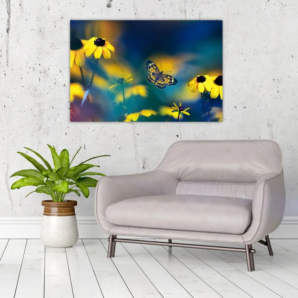 Tablou - Fluture galben și flori (90x60 cm)