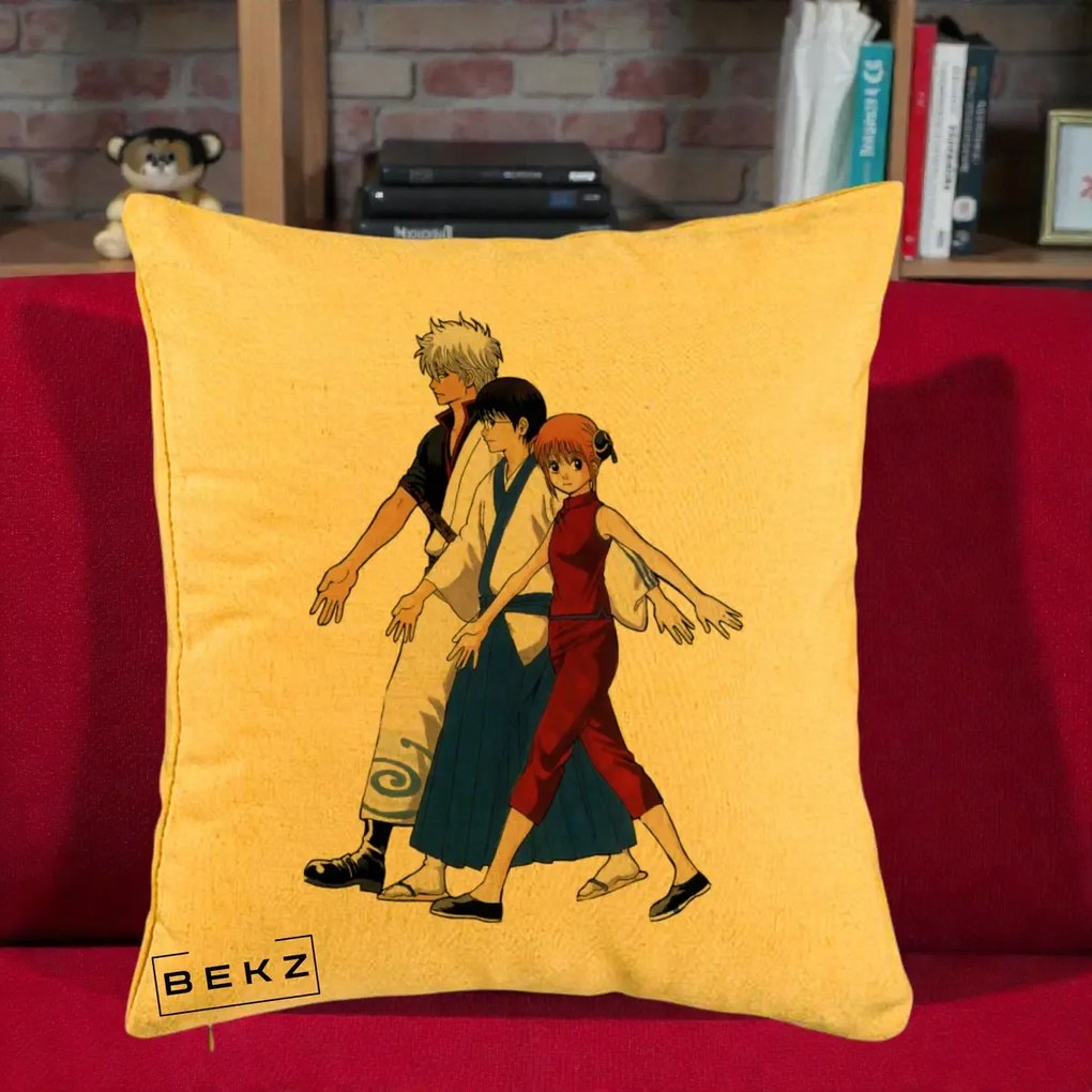 Perna Personalizata Gintama Trio Gintoki Shinpachi Kagura, 40x40 cm, Galben, Husa Detasabila, Perna Inclusa, BEKZ®