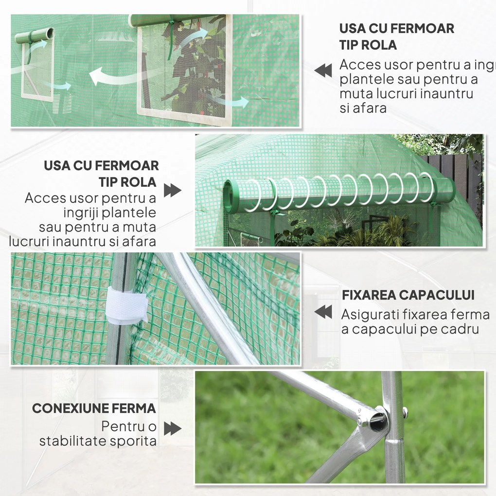 Seră Outsunny de Grădină de Tip Tunel 4x2x2 m cu Uși Rulabile și 6 Ferestre, Seră pentru Grădină cu Acoperiș înclinat, Structură din Metal și Acoperiș PE, pentru Grădinărit legume flori fructe, Verde | Aosom Romania