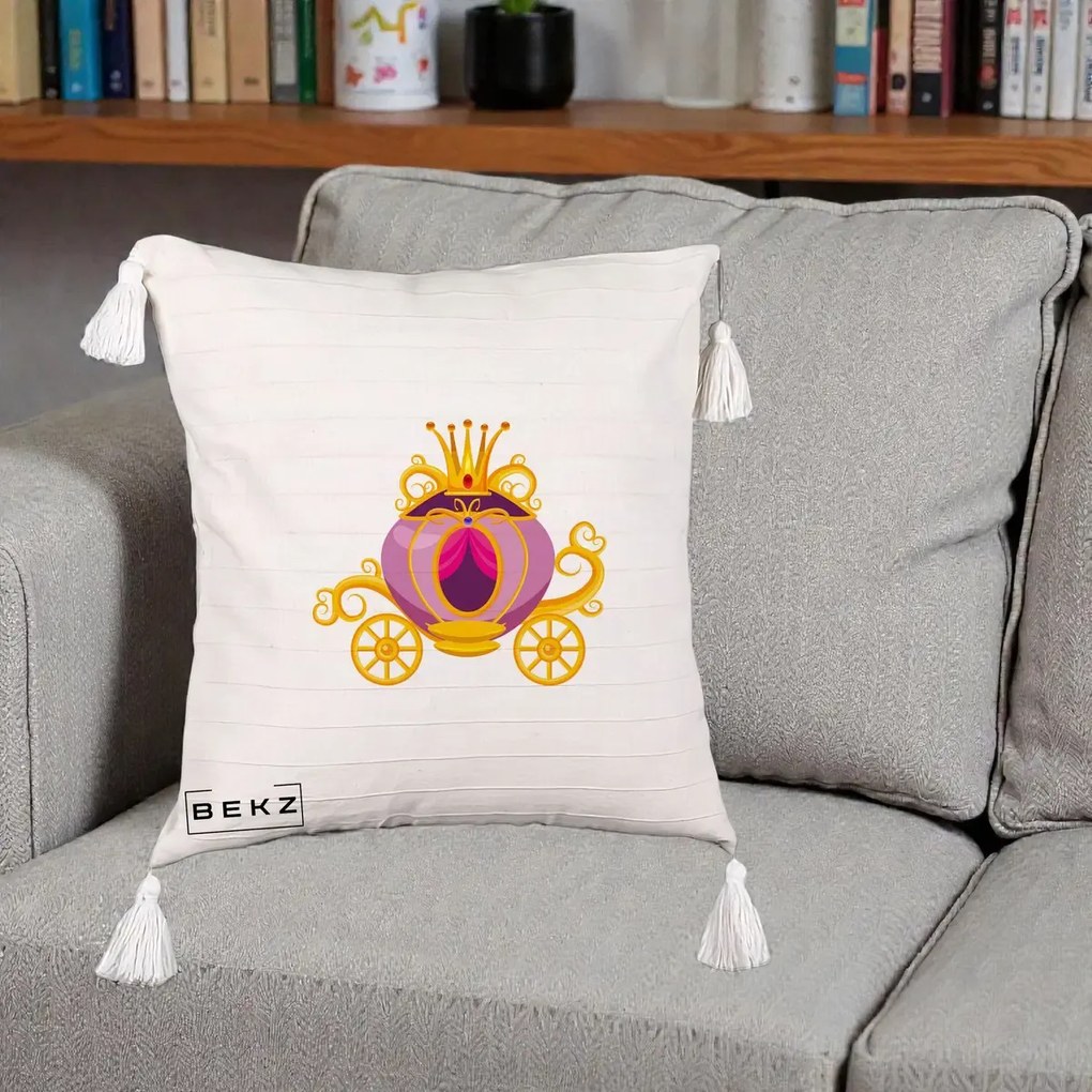 Perna Decorativa Trasura Regala Aurie, 40x40 cm, Bej cu Franjuri, Husa Detasabila, Perna Inclusa, BEKZ®