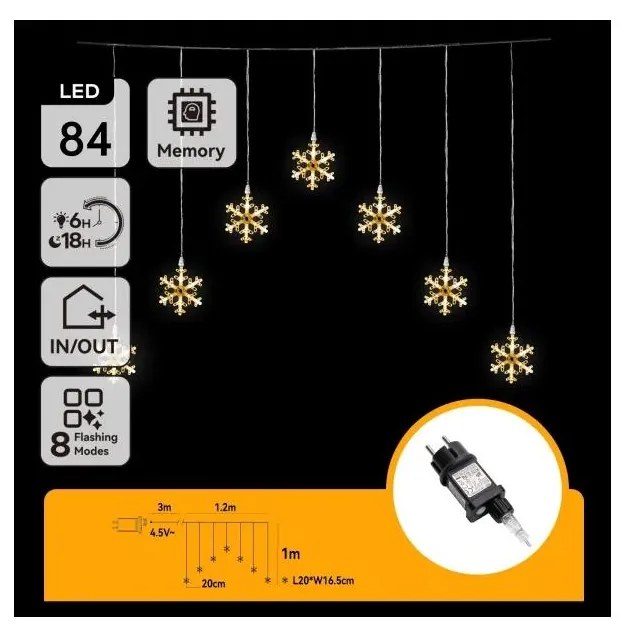 Aigostar - Ghirlandă LED de Crăciun pentru exterior, 84xLED/230V, 1,2x1m, IP44, alb cald, fulgi