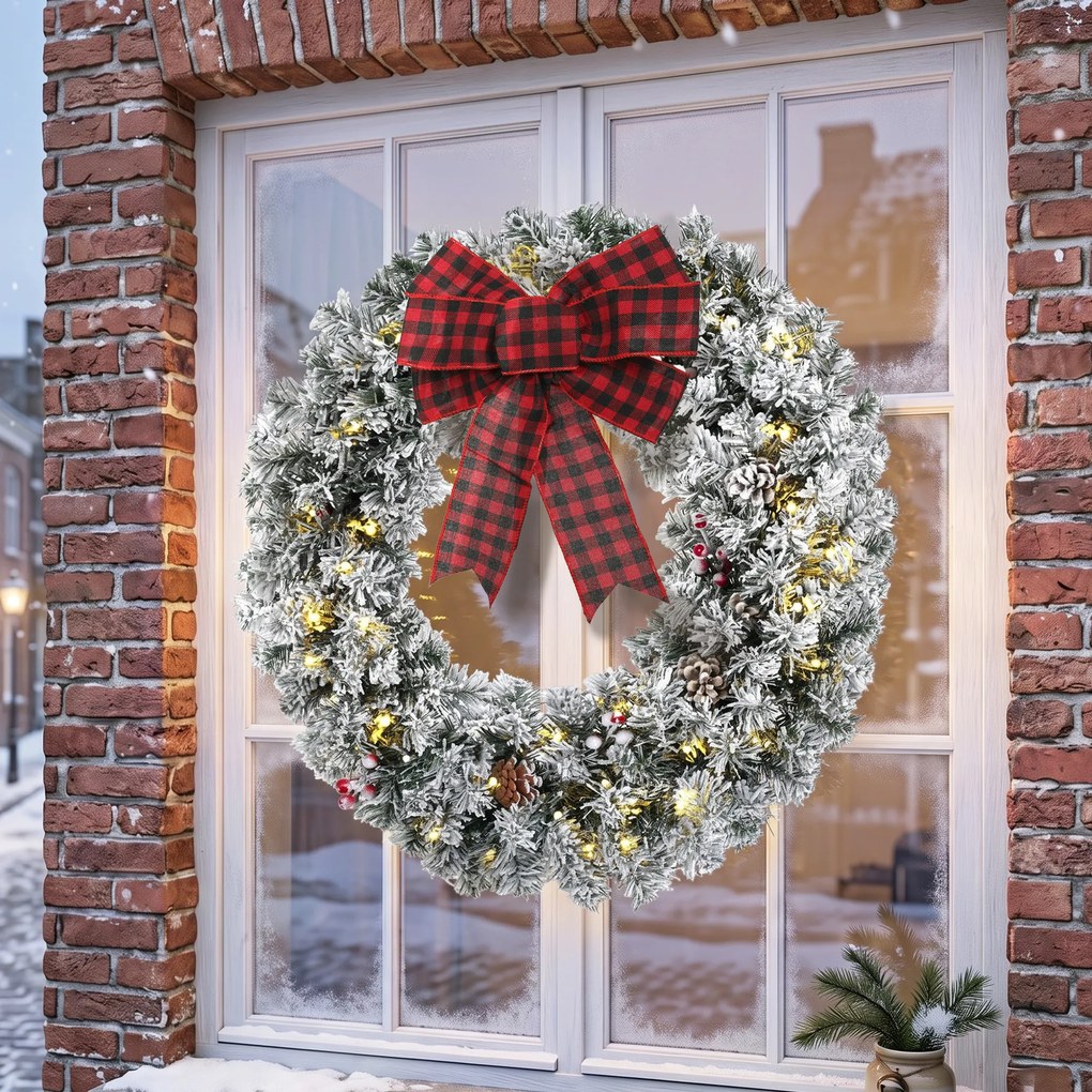 HOMCOM Coroniță de Crăciun 60 cm cu Lumini LED, Fundă în Carouri, Conuri de Pin și Bobițe, Verde | Aosom Romania