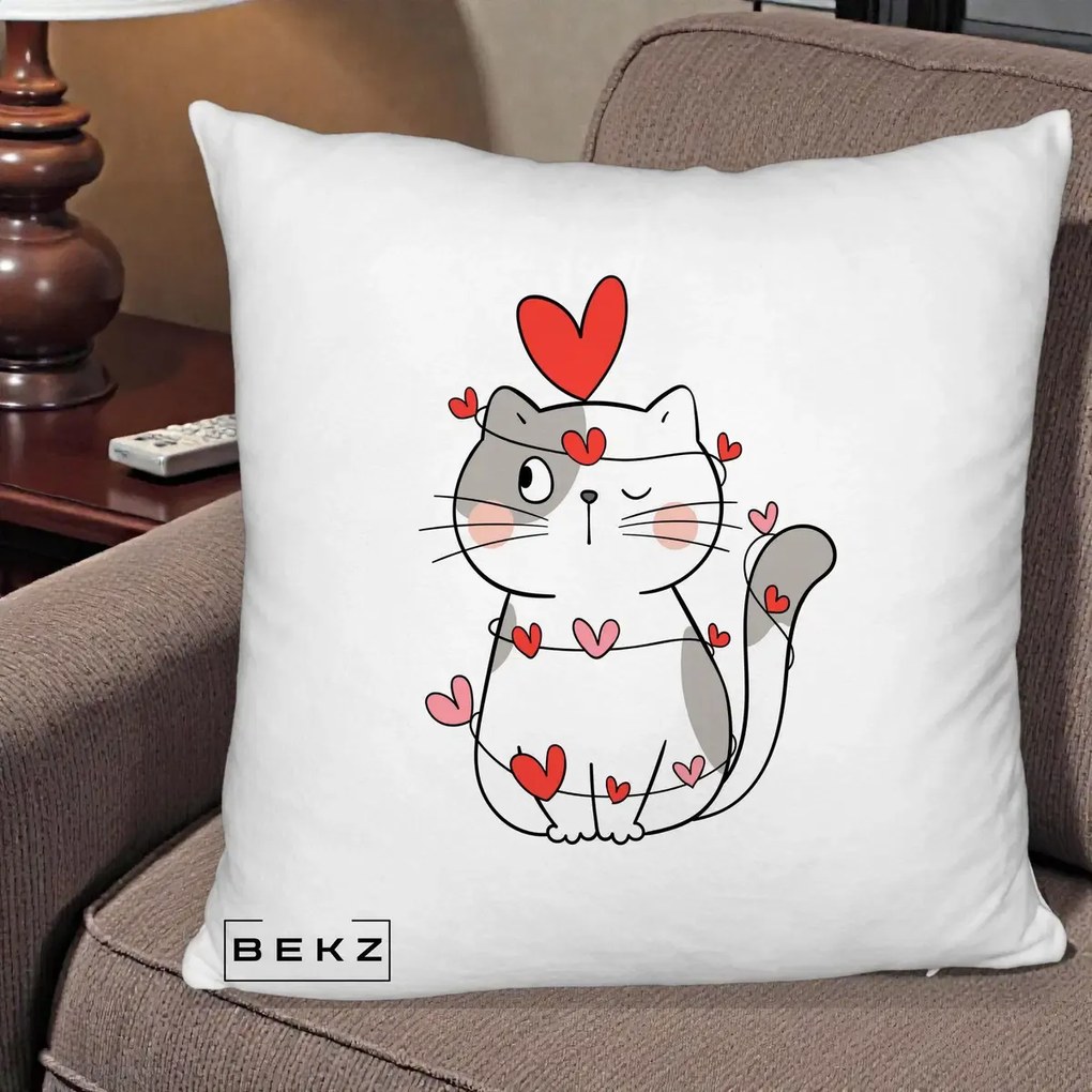 Perna Decorativa Pisica Kawaii cu Inimi, 40x40 cm, Alb Pufos, Husa Detasabila, Perna Inclusa, BEKZ®